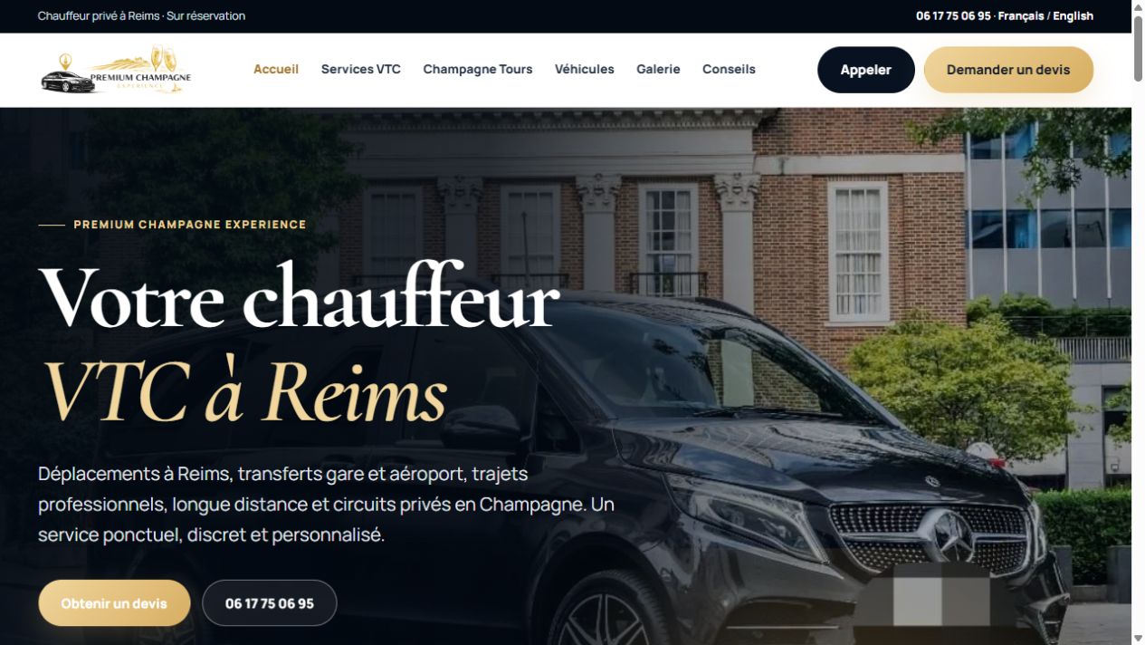Capture ordinateur du site Champagne Tour VTC réalisé par Octopus Web