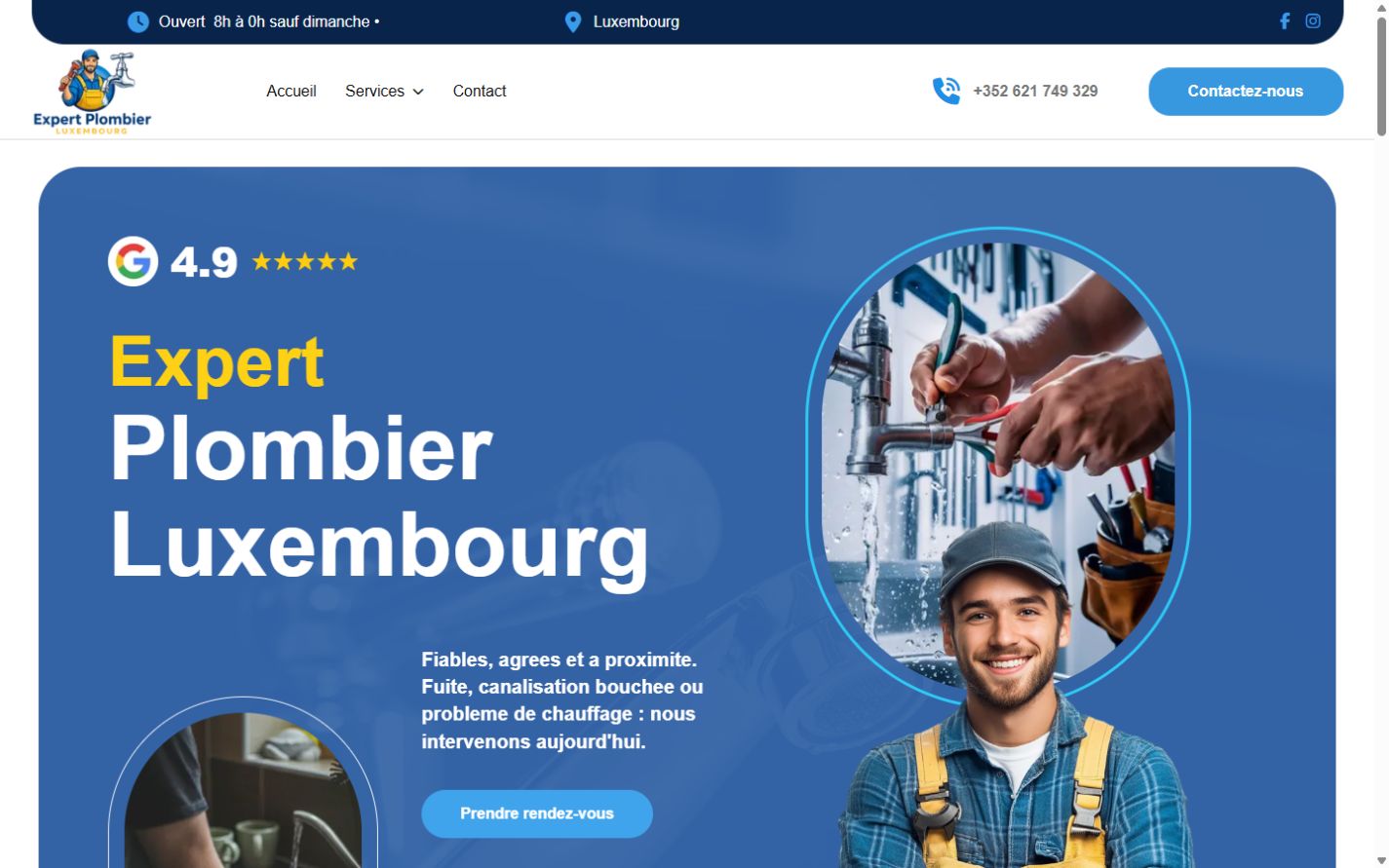 Capture ordinateur du site Expert Plombier Luxembourg réalisé par Octopus Web